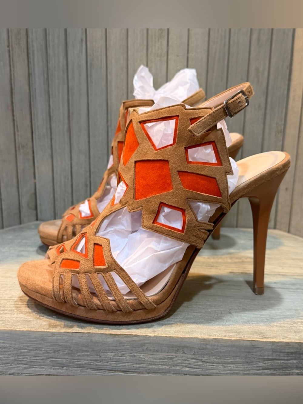 Albano Tan and Orange Leather Geometric Cutout Suede Heels Made in Italy 35
